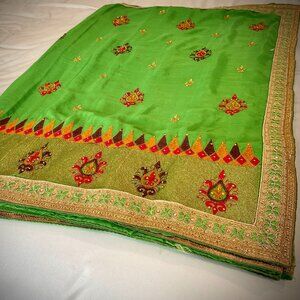 Embroidered Gold and Green Georgette Sari from Gujrat with blouse